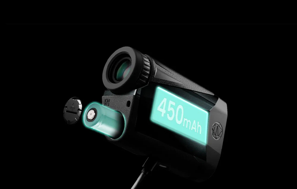 Secțiune transversală a telemetrului care arată bateria, un capac și inscripția iluminată „450mAh” pe partea laterală a carcasei
