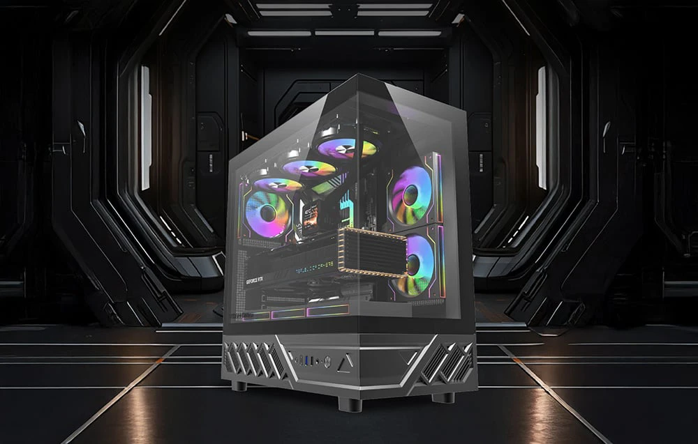 Carcasă PC neagră cu ventilatoare RGB într-un hol întunecat futurist