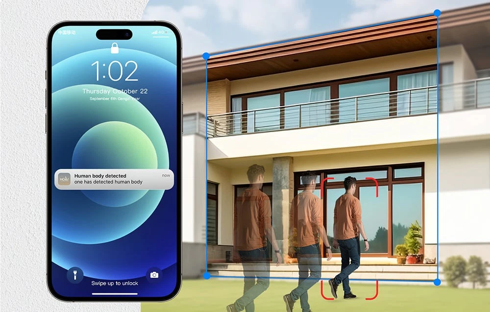 Smartphone care afișează o notificare „Corp uman detectat” și o fotografie a casei cu zona de detectare evidențiată și un bărbat care merge