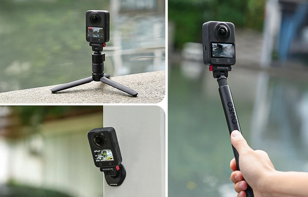 Cameră sport montată pe un trepied mic, braț și suport magnetic în diferite configurații de utilizare