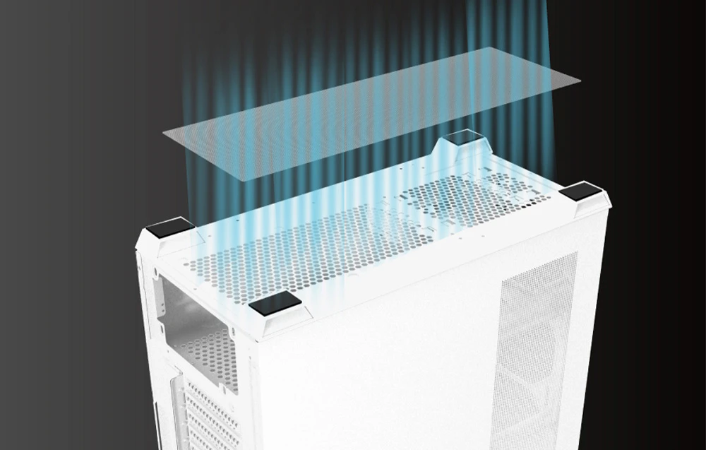 Partea inferioară a carcasei albe a computerului, realizată din plasă metalică.