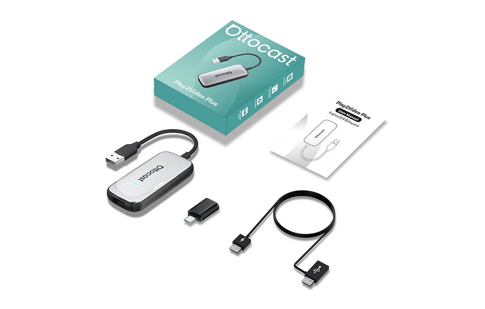 Conținutul pachetului adaptorului Ottocast cu accesorii și manual de utilizare