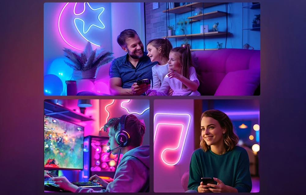 Un colaj din patru imagini care prezintă oameni și iluminat. O familie, un adolescent și o femeie înconjurați de lumini de neon colorate.