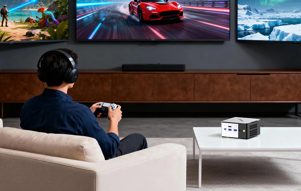 Un bărbat cu căști în urechi joacă pe un gamepad în fața a trei monitoare, lângă care se află un computer compact GMKtec pe o masă.