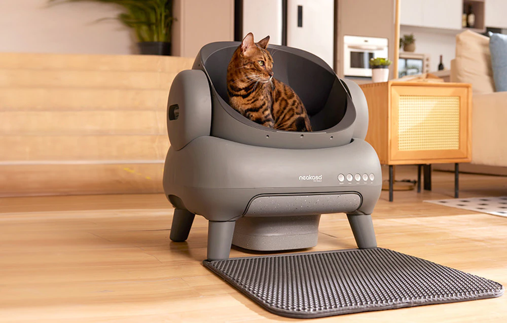 Un pisoi Bengal care stă în interiorul unei cutii de gunoi automate Neakasa gri, plasată în sufragerie.