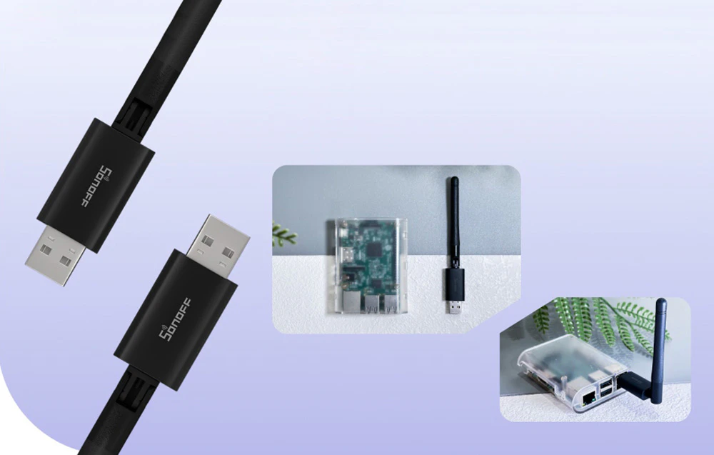 Prim plan al adaptoarelor USB marca Sonoff și fotografii care arată utilizarea acestora cu placa și computerul