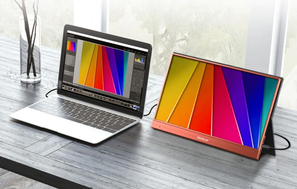 Un laptop conectat la un monitor portabil ZEUSLAP afișează grafice identice color