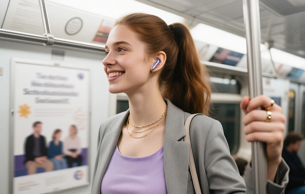O femeie zâmbind în metrou cu o căști wireless violetă în ureche