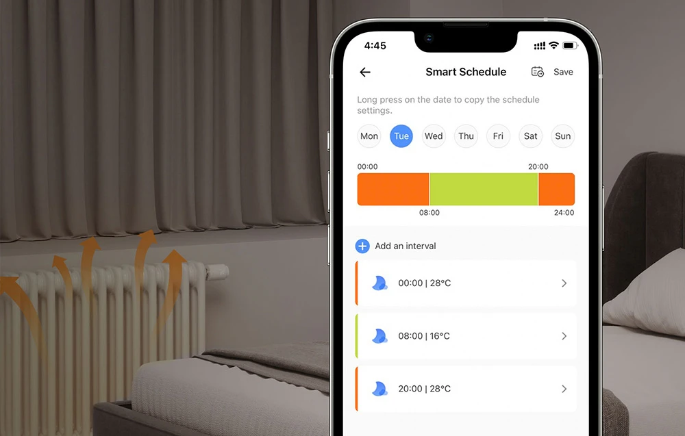 Un smartphone care afișează programul de funcționare al radiatorului, cu un dormitor în fundal