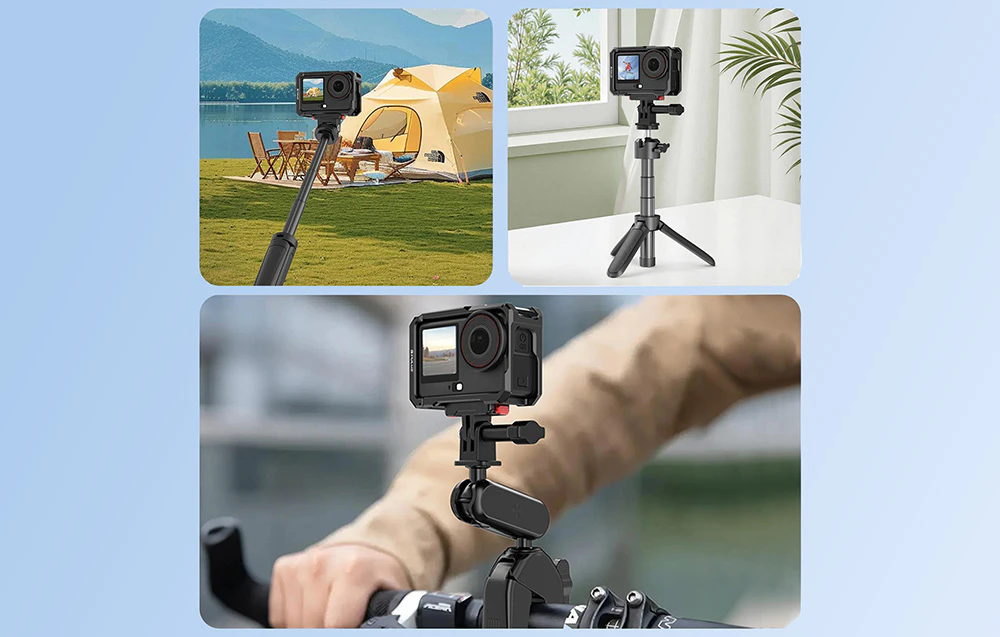 O serie de fotografii care arată carcasa metalică montată pe un trepied, un selfie stick și ghidonul unei biciclete.