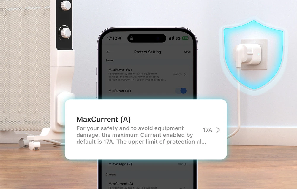 Un smartphone care afișează o notificare, cu un dispozitiv conectat la o priză în fundal