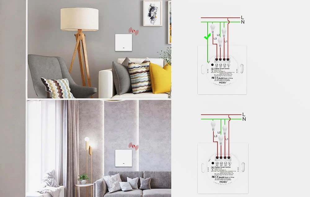 Două fotografii ale camerei de zi cu întrerupătoare Zigbee și scheme de cablare pentru conectarea modulului Moes la cutii de instalare