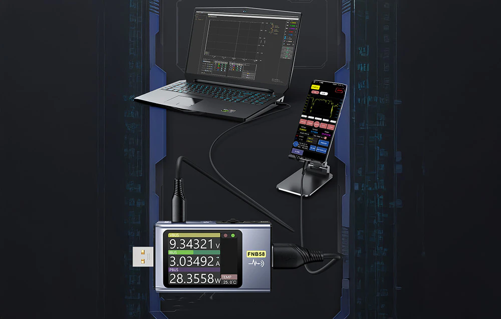 Tester port conectat la un laptop și un smartphone
