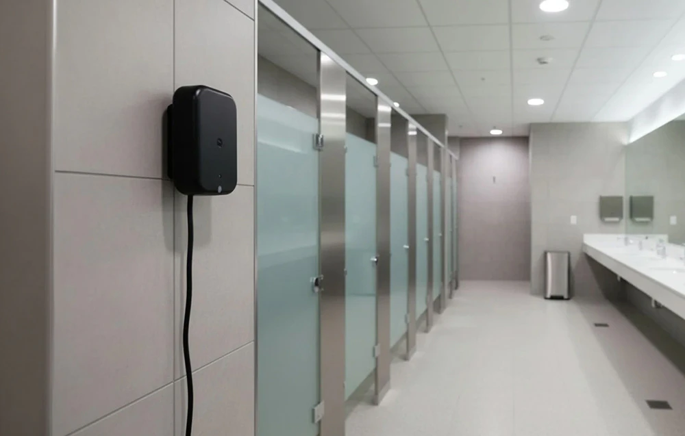Un senzor de prezență montat pe faianța de perete într-o toaletă modernă cu un rând de cabine.