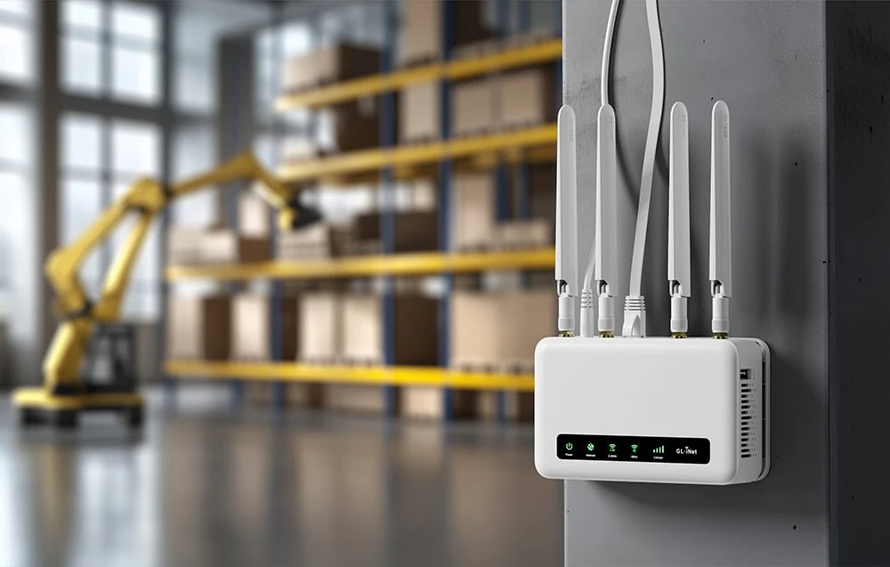 Un router alb cu cabluri de rețea conectate, montat vertical pe un stâlp de beton într-o hală de fabrică