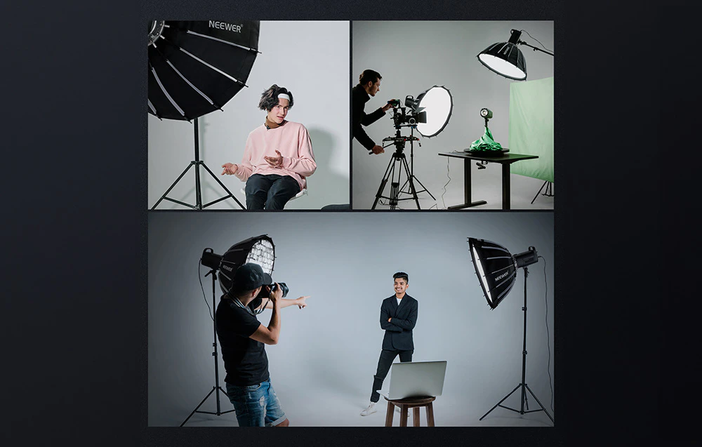 Trei scene care prezintă utilizarea softbox-urilor parabolice Neewer în diverse ședințe foto și de film cu modele și echipamente de studio