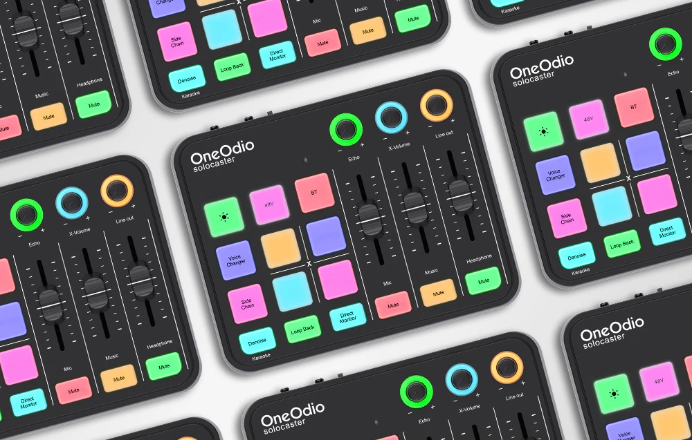 Mai multe mixere audio OneOdio Solarcaster aliniate în rânduri