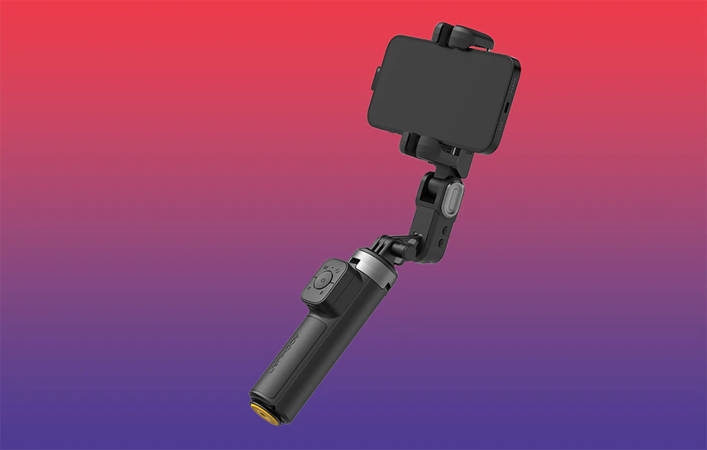 Gimbal negru cu un smartphone în poziție orizontală pe un fundal cu gradient roșu-violet.