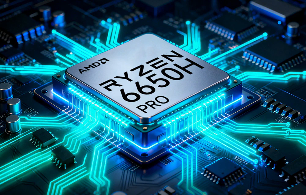 Vedere de sus a procesorului AMD Ryzen 6650H PRO montat într-un soclu, înconjurat de linii de date albastre strălucitoare.