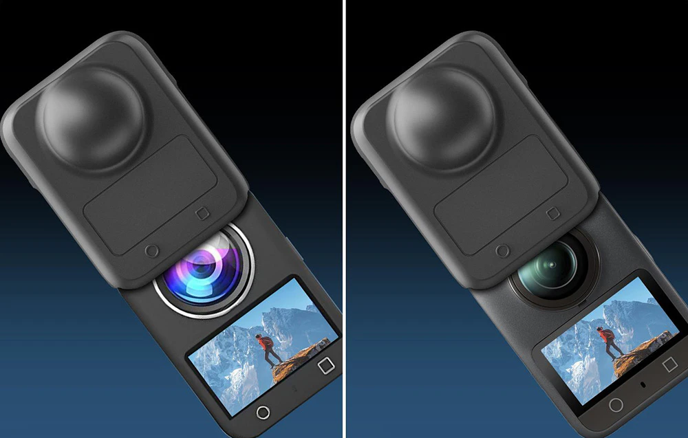 Camera 360° parțial extinsă din capacul de silicon, cu ecranul și obiectivul vizibile pe un fundal muntos
