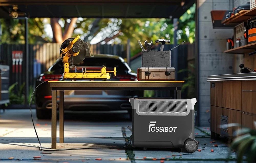 Stația de alimentare portabilă Fossibot se află sub un banc de lucru și alimentează uneltele electrice din garaj