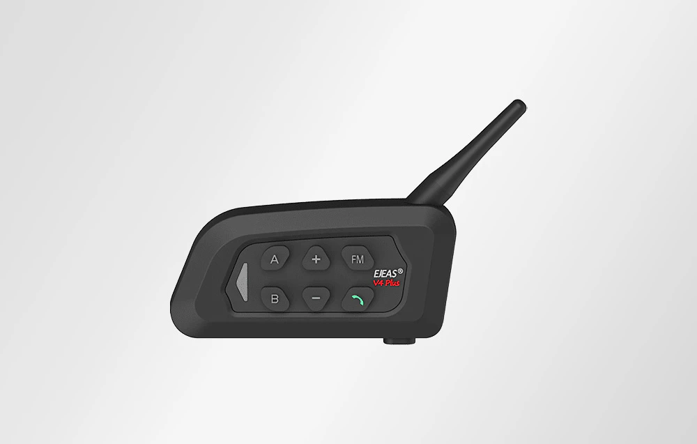 Interfon negru pentru motociclete Ejeas pe fond alb
