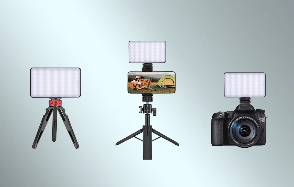 Trei utilizări pentru lampa LED de buzunar PULUZ cu un mini trepied, un smartphone și o cameră DSLR