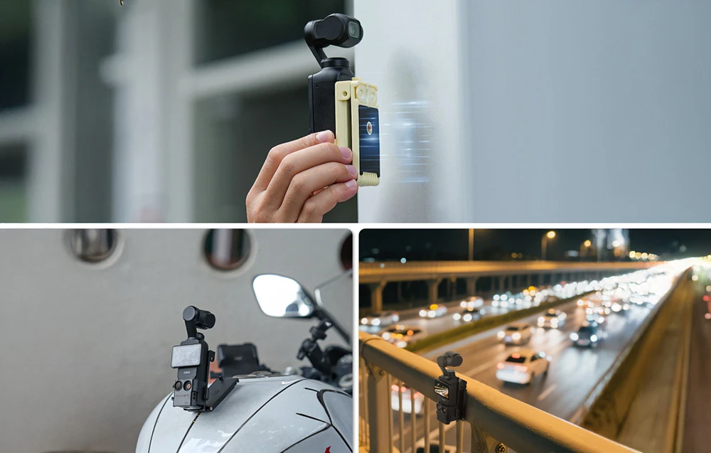 Trei exemple de utilizare a suportului magnetic Sunnylife pentru camera DJI Pocket - lipit de perete, montat pe o motocicletă și pe o barieră rutieră