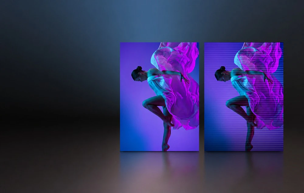 Două fotografii cu o femeie dansând, cea din dreapta având benzi orizontale vizibile de distorsiune a imaginii.