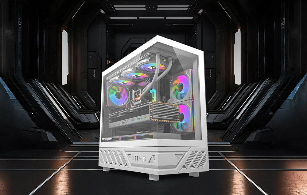 Carcasă PC albă cu ventilatoare RGB într-un hol futurist negru
