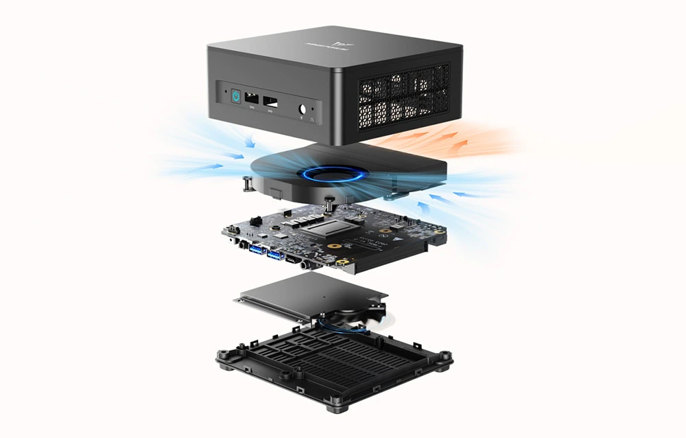 O vedere explodată a mini PC-ului care arată sistemul de răcire, placa de bază și unitatea de stocare, cu fluxul de aer indicat.