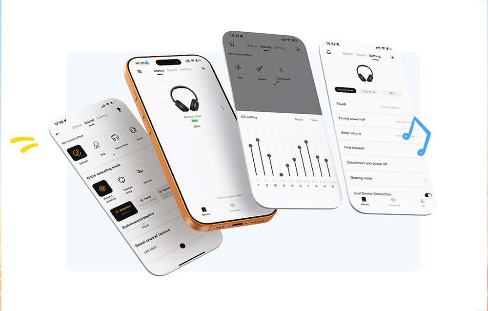 Patru smartphone-uri cu diverse file de aplicații mobile pentru controlul căștilor vizibile pe ecranele lor
