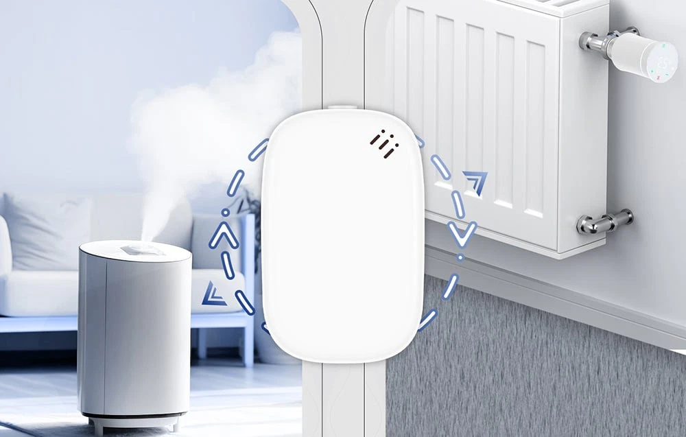 Senzor alb în centrul graficii care ilustrează un umidificator în funcțiune și un radiator cu termostat