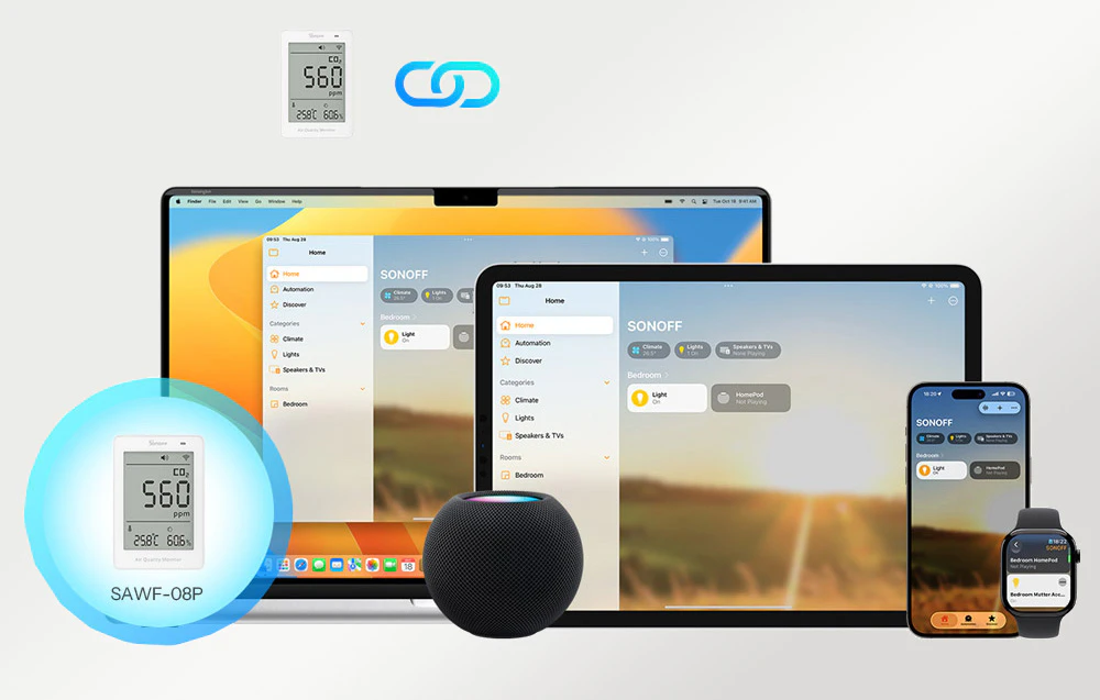 Aparat de măsurare a calității aerului Sonoff lângă dispozitive compatibile, de exemplu smartphone, laptop și asistent vocal