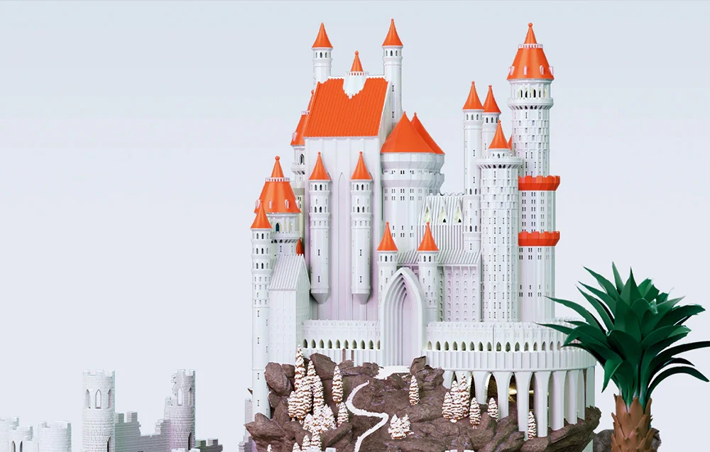 Model al unui castel alb cu acoperiș portocaliu, realizat cu ajutorul unei imprimante 3D.