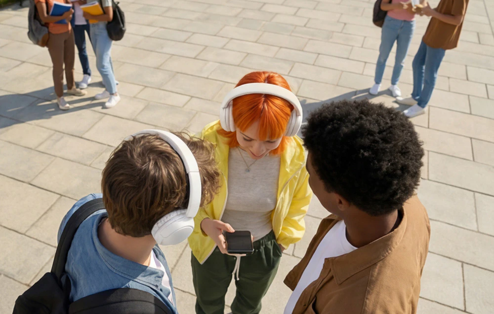 Trei studenți se uită în jos la ecranul unui smartphone; doi dintre ei poartă căști albe