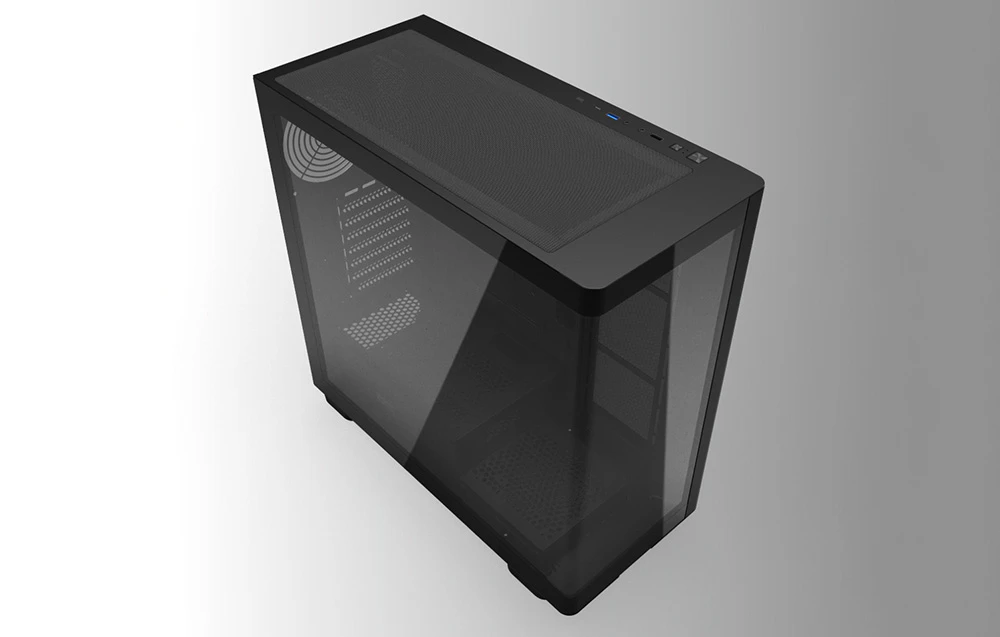Carcasă de computer neagră cu panouri din sticlă pe fundal gri