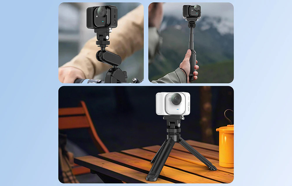 Camera Insta360 cu adaptor Puluz utilizat pe ghidon, selfie stick și trepied la masă