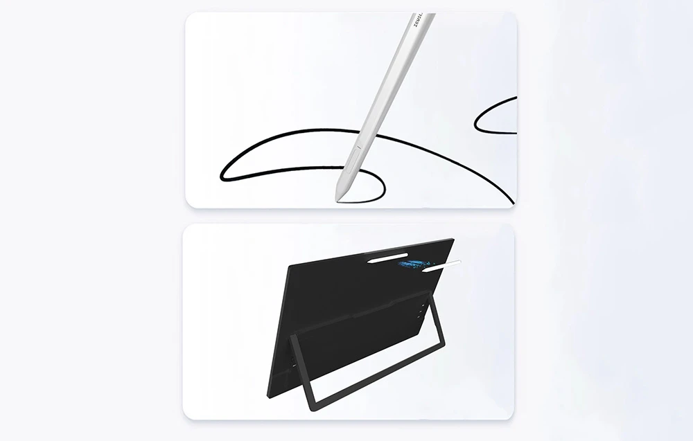 Demonstrație a suportului magnetic pentru stylus pe carcasa monitorului ZEUSLAP și a preciziei desenului pe ecran