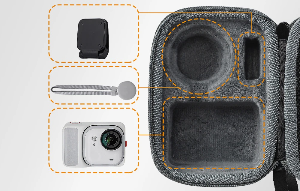 Interiorul gol al husei cu compartimente marcate pentru cameră și accesorii, care sunt vizibile lângă ea în cadre