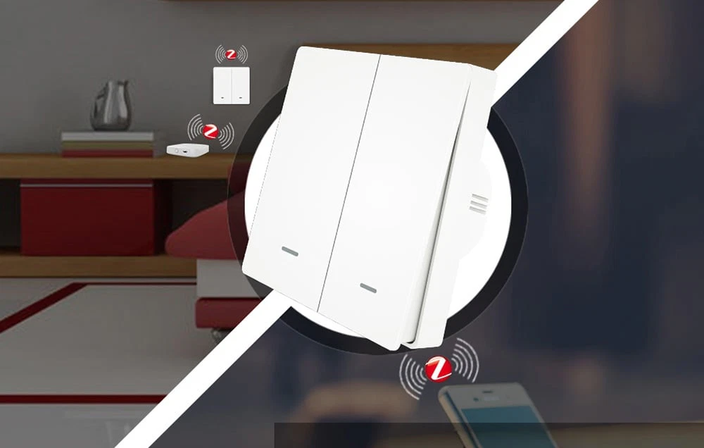 Prim-plan al întrerupătorului Zigbee cu două butoane pe fundalul estompat al interiorului camerei de zi, alături de pictogramele smartphone-ului și ale gateway-ului de rețea