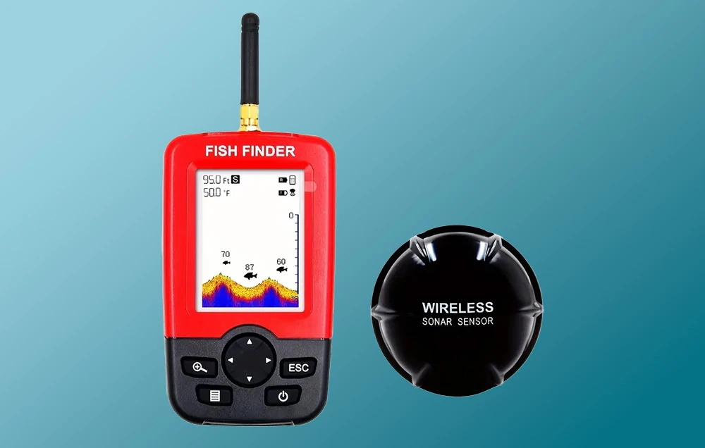 Ecosonda Fish Finder roșie cu afișaj și senzor sonar wireless negru pe fundal albastru