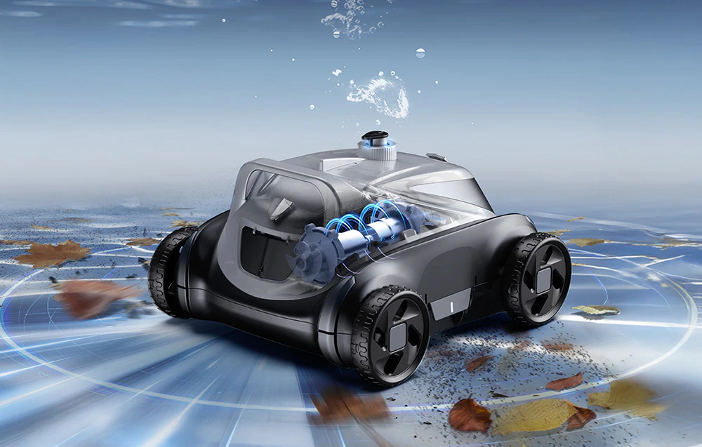 Robotul de piscină eliberează o fântână de apă în timpul funcționării, cu o vizualizare grafică a sistemului său intern de filtrare