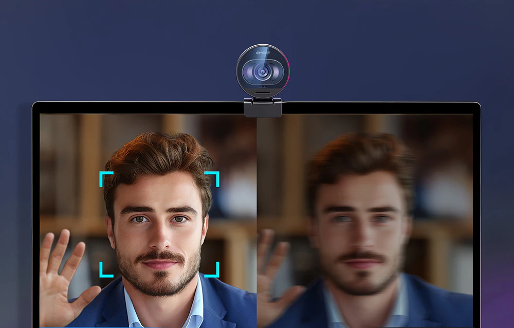 Comparație între două imagini ale feței bărbatului pe ecranul monitorului, unde partea stângă este clară cu autofocusul activat, iar partea dreaptă este neclară