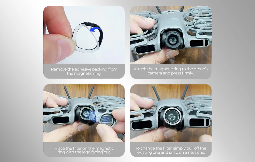 Instrucțiuni pentru montarea filtrului magnetic Freewell pe o dronă în 4 pași.