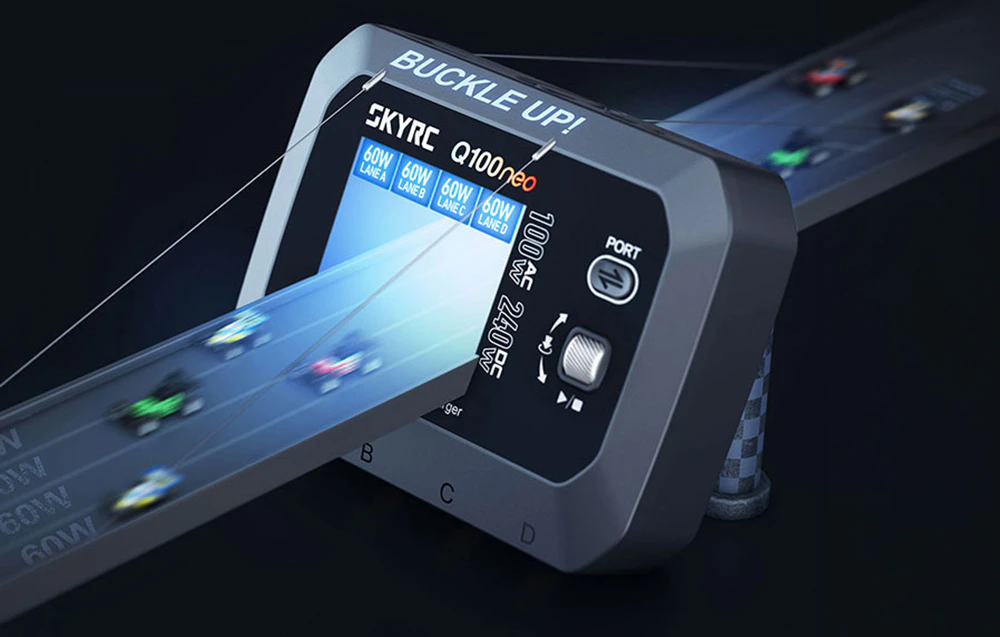Încărcător SKYRC Q100neo cu o ilustrație grafică a mai multor canale de încărcare marcate cu 60 W.