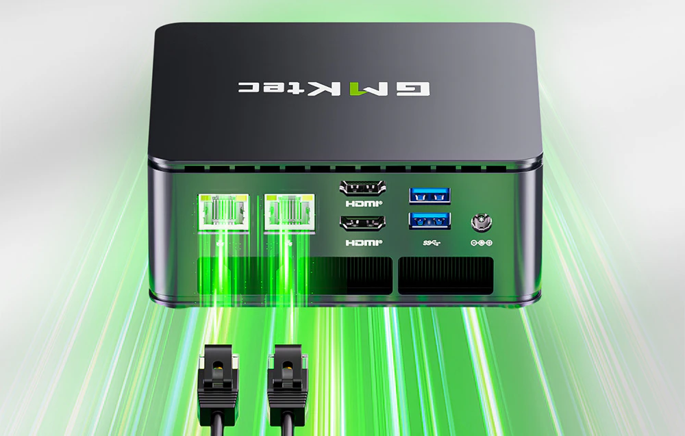 Panoul din spate al mini-PC-ului GMKtec G11 cu porturi și două cabluri Ethernet conectate.