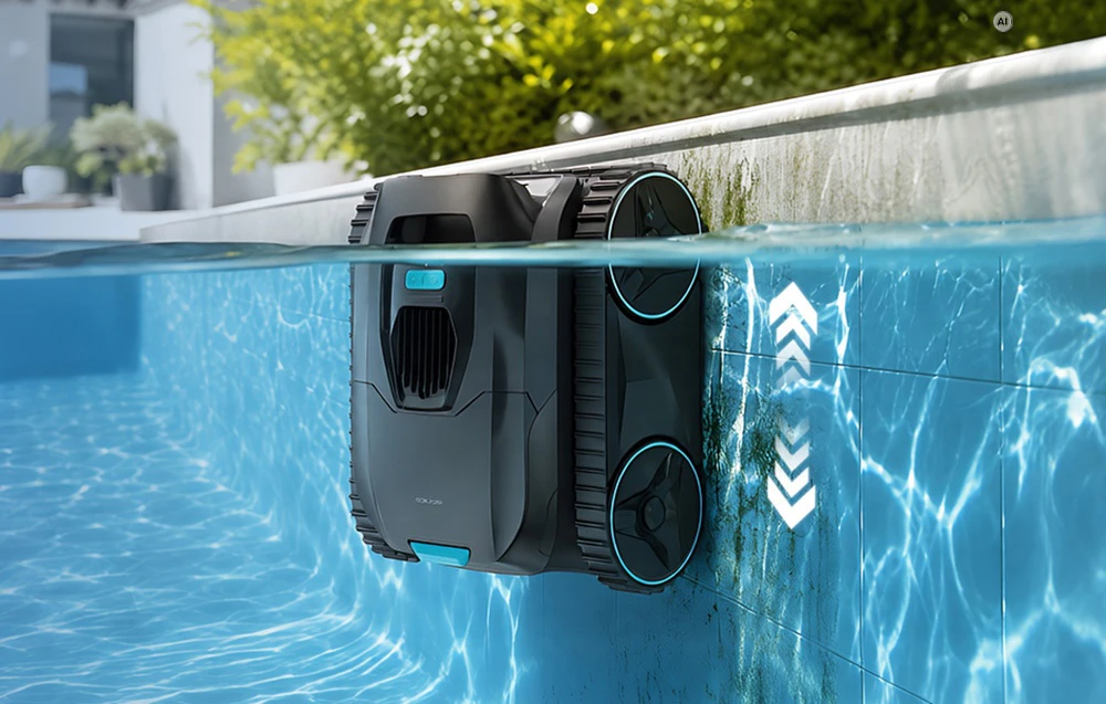 Un robot de piscină care curăță un perete vertical al piscinei la nivelul apei, cu indicatori de mișcare