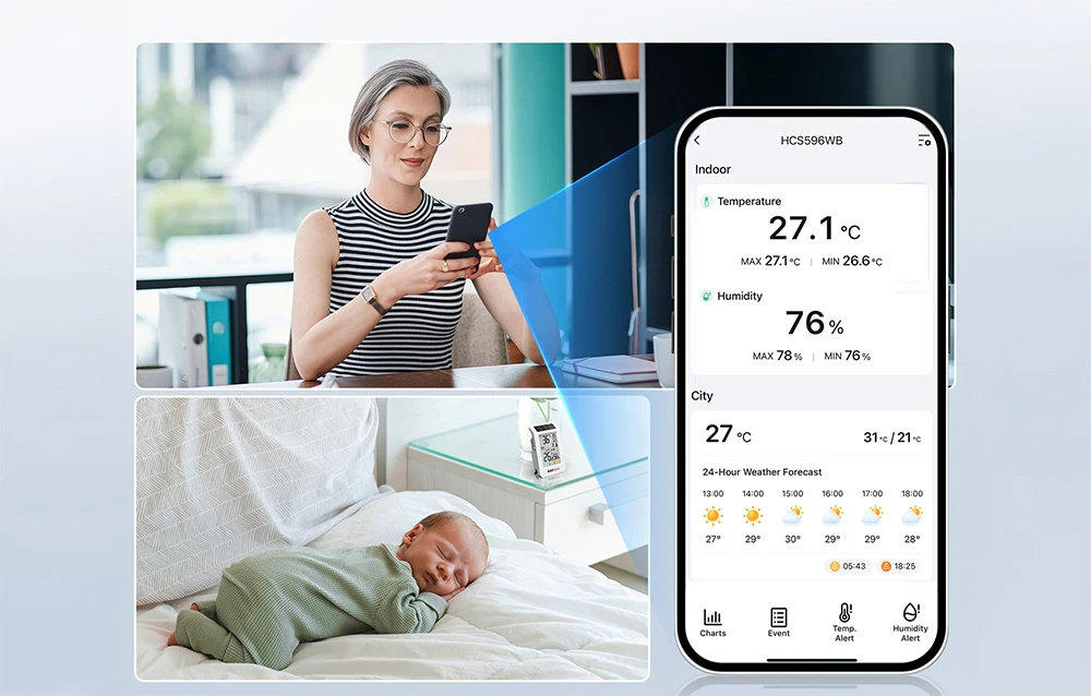 O femeie într-un birou ținând un smartphone; sub ea, un copil doarme pe un pat; în dreapta, un smartphone care afișează prognoza meteo
