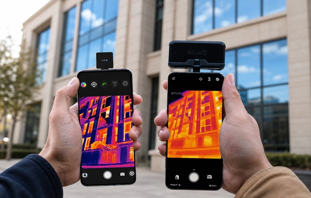 O comparație între două smartphone-uri cu camere de termoviziune diferite, care arată distribuția căldurii pe peretele unei clădiri.